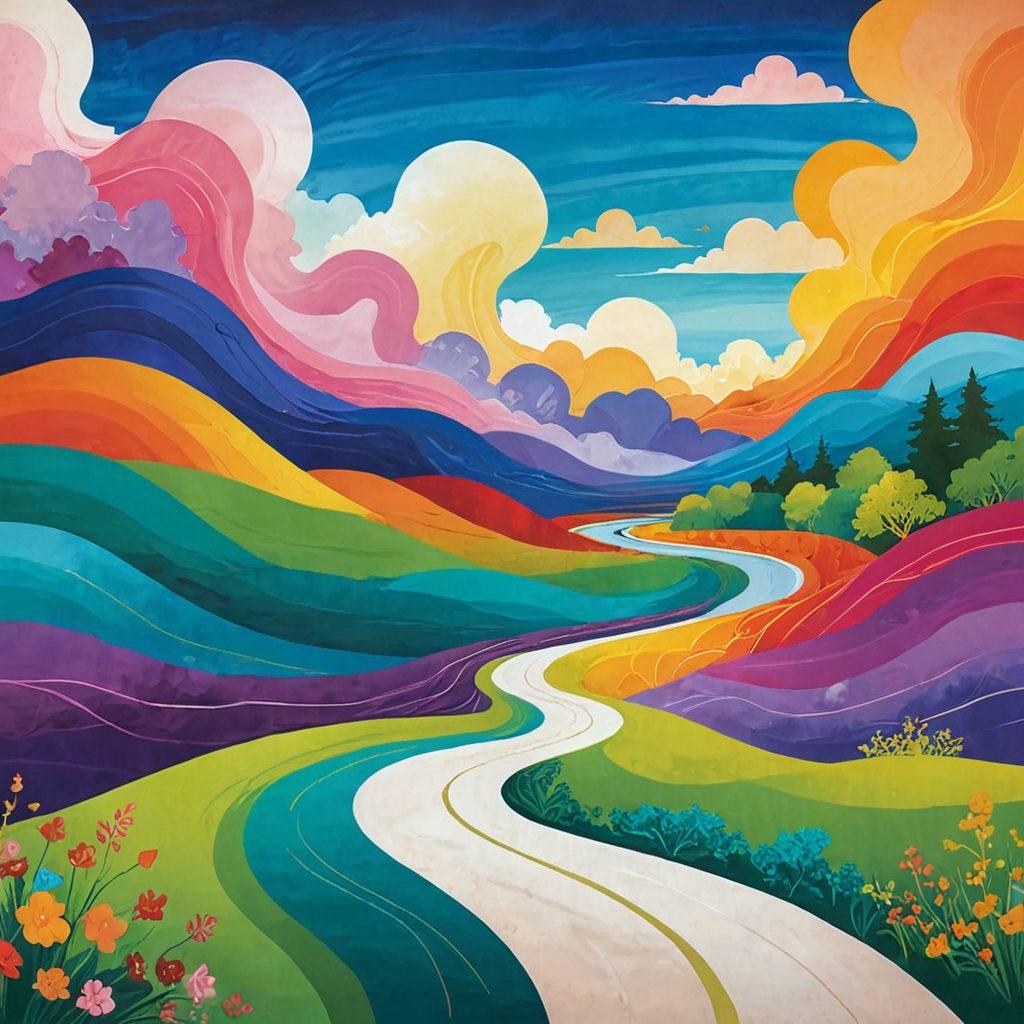 A vibrant and abstract representation of a curvy road winding through a lush landscape, symbolizing the journey of wellness. Alongside the road, diverse figures are engaging in various wellness activities like yoga, meditation, and conversations, showcasing authentic relationships. The scene is bursting with colors, blending nature and human connection harmoniously. The sky is filled with swirling, calming clouds that reflect the theme of embracing life's curves. abstract art, vibrant colors, soft gradients, whimsical style.