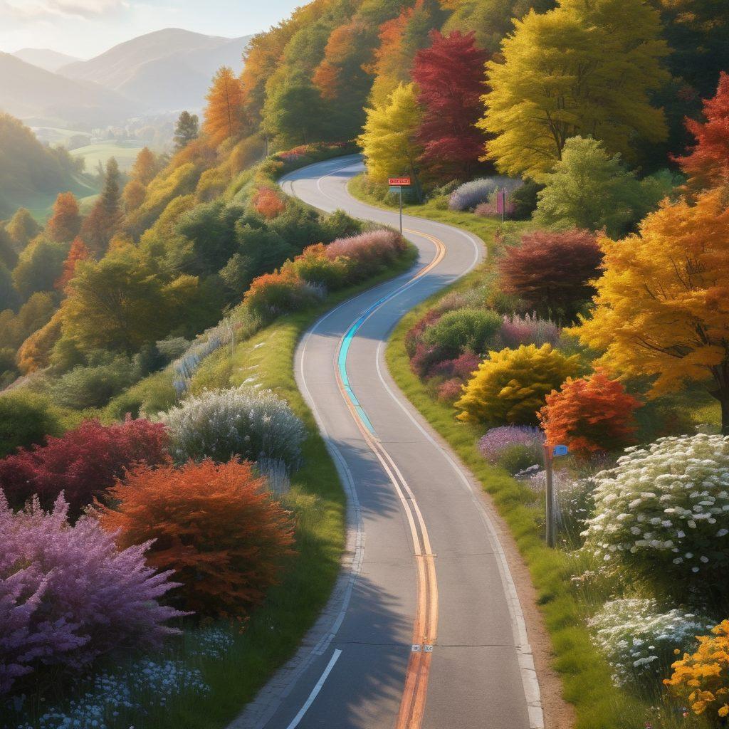 A winding road representing life's journey, with colorful signposts each symbolizing different aspects of mental health like friendship, therapy, mindfulness, and self-care. Soft, inviting landscapes with diverse supportive communities gathering and engaging in positive interactions. Calming yet vibrant colors to evoke a sense of hope and connection. super-realistic. vibrant colors. serene background.