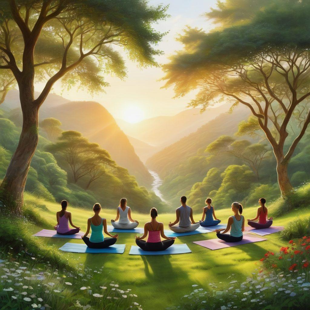 A serene scene depicting a diverse group of individuals engaging in yoga on a lush green hillside, the sun rising in the background. Interspersed among them are sketches of intertwined hearts and fitness icons, symbolizing both authentic relationships and holistic practices. Soft light filters through trees, creating a warm and inviting atmosphere. Elements of nature, such as flowers and stones, enhance the wellness theme. painting. vibrant colors. natural light.